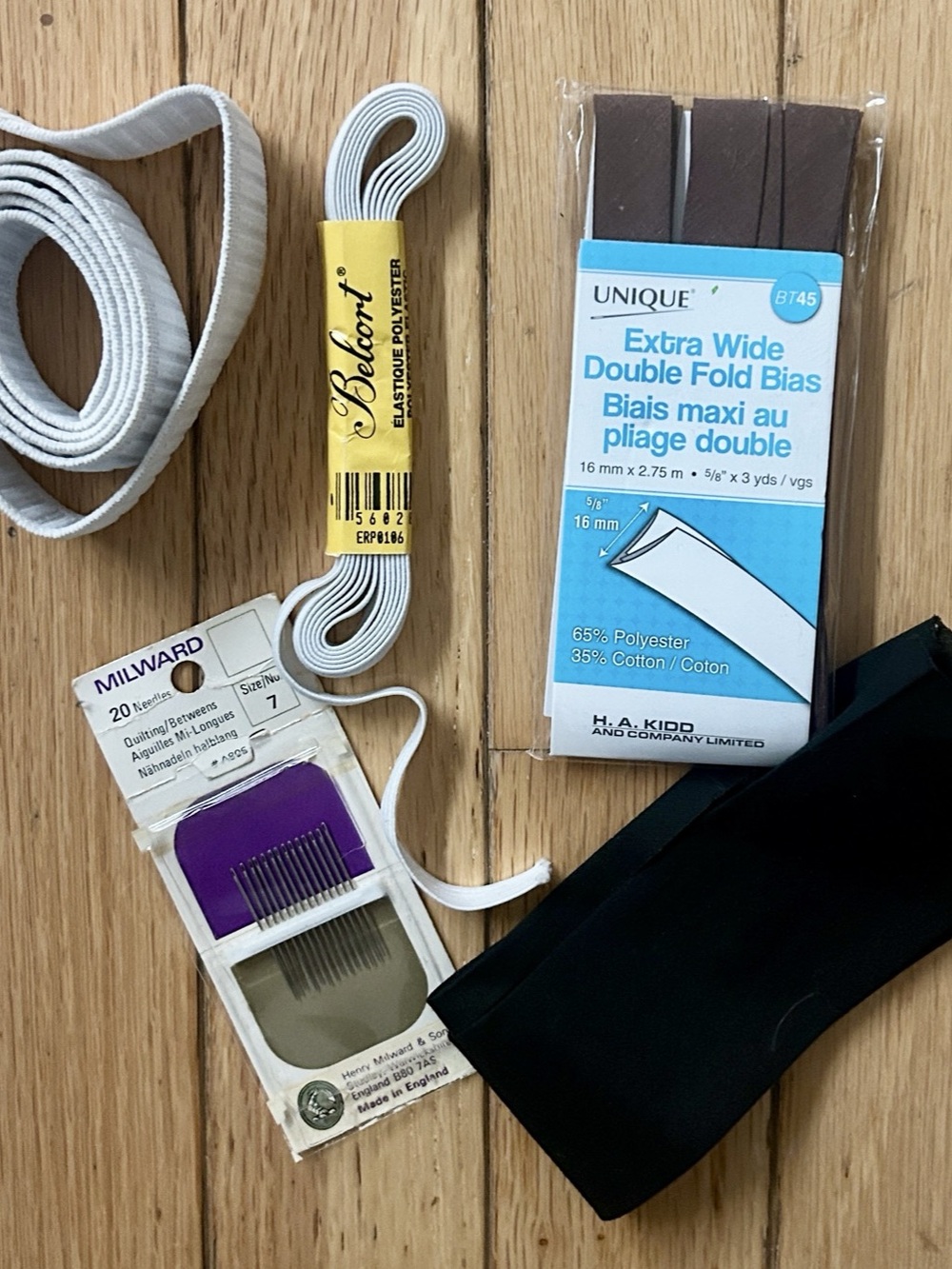 Bundle of Vintage Sewing Supplies: Assorted Elastic, Bias Tape, and Needles